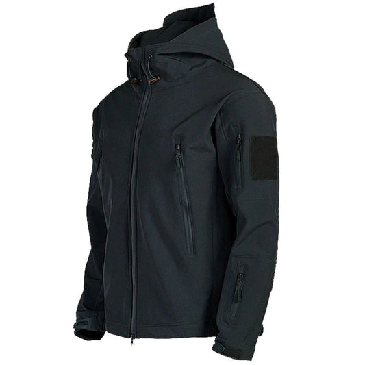 Voorkant zwarte windjack en softshell met capuchon voor heren 